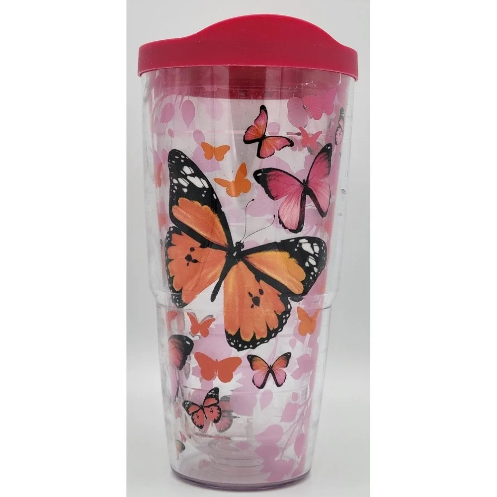 Tervis Tumbler Butterfly Pink 24Oz Double Wall Insulated Travel Cup Lid USA Made